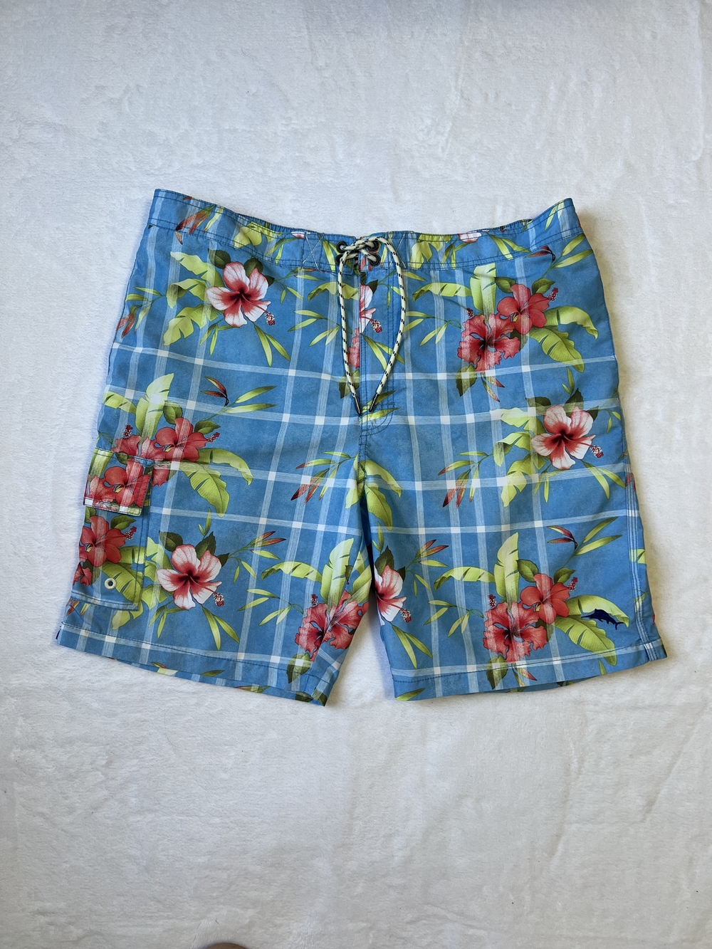Tommy Bahama Blue Plaid Floral‎ Swim Shorts XL Liner